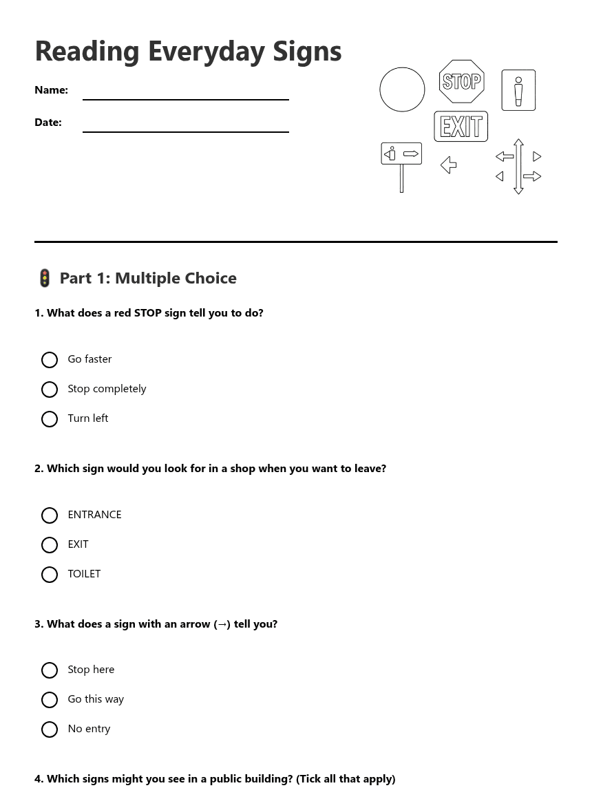 Reading Everyday Signs worksheet preview