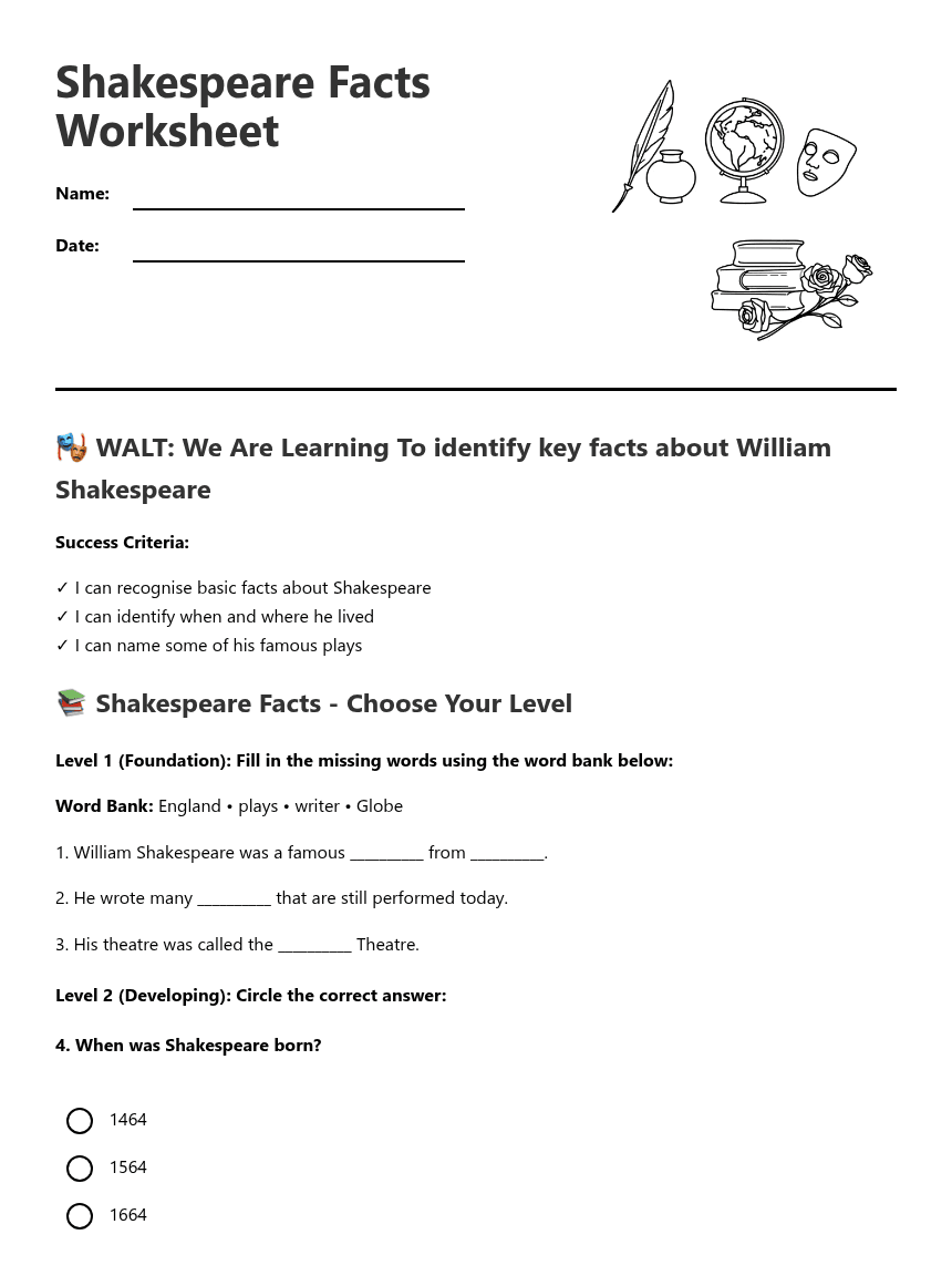 Shakespeare Facts Worksheet worksheet preview