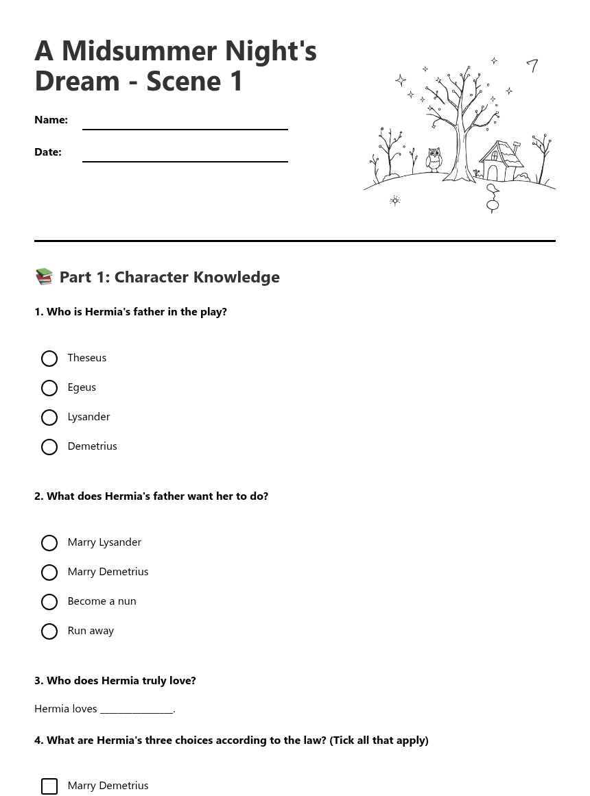 Midsummer Night's Dream worksheet preview
