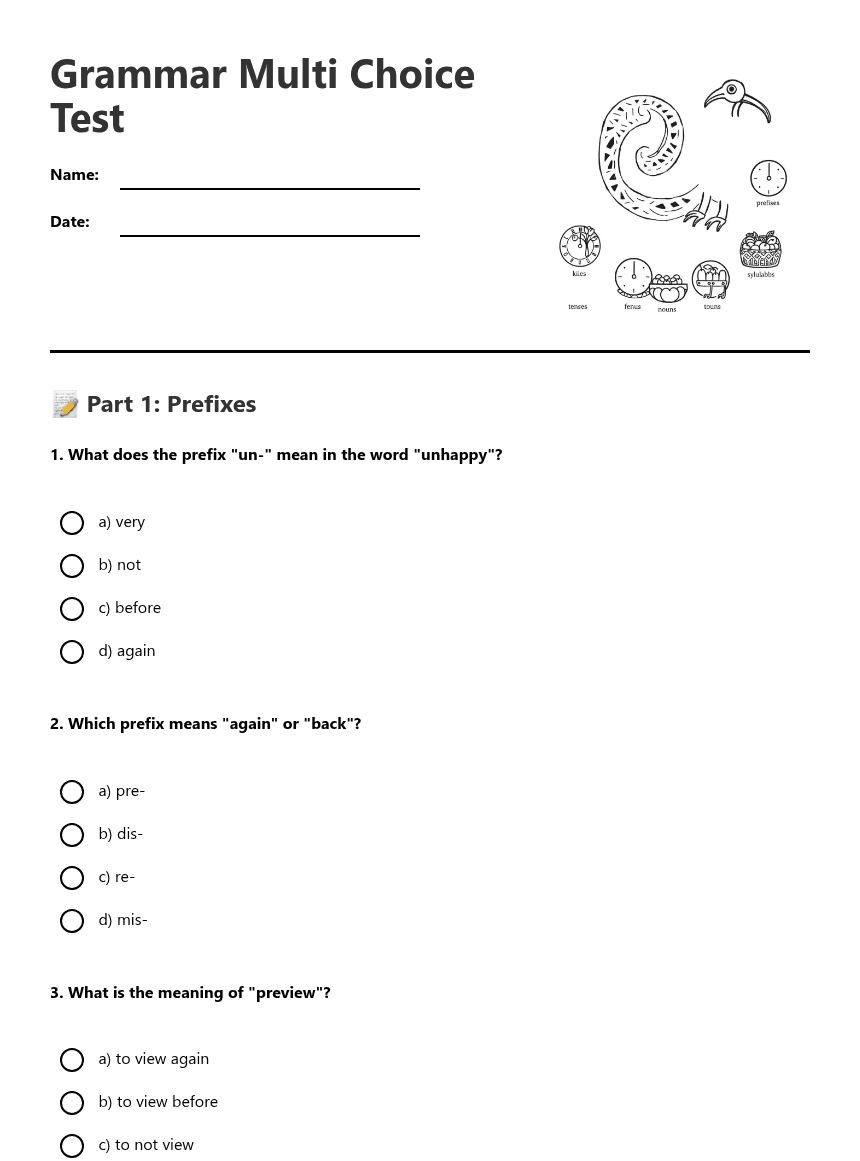 Grammar Multi Choice Test worksheet preview