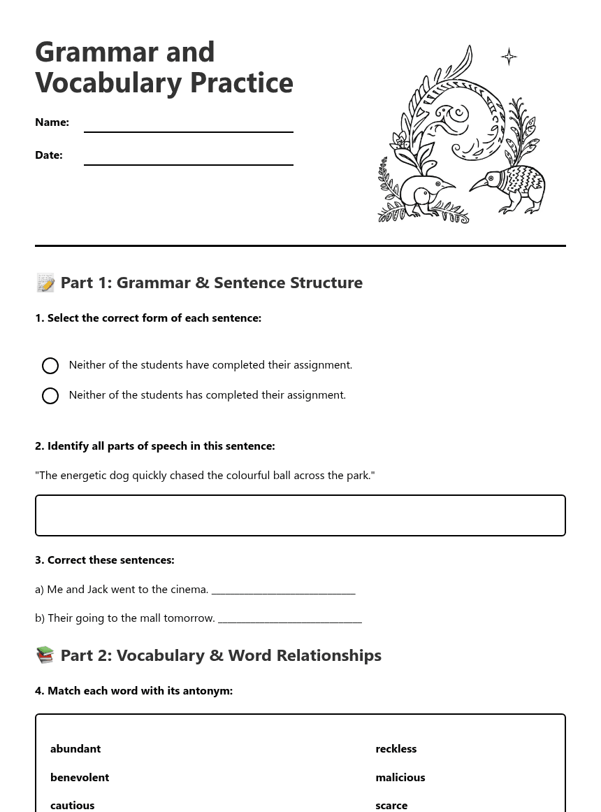 Grammar and Vocabulary Practice worksheet preview