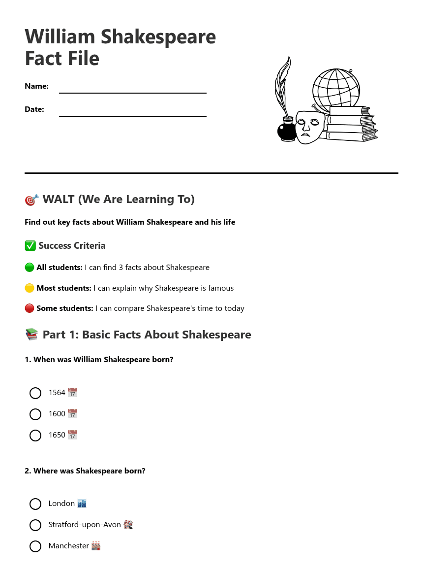 William Shakespeare Fact File worksheet preview