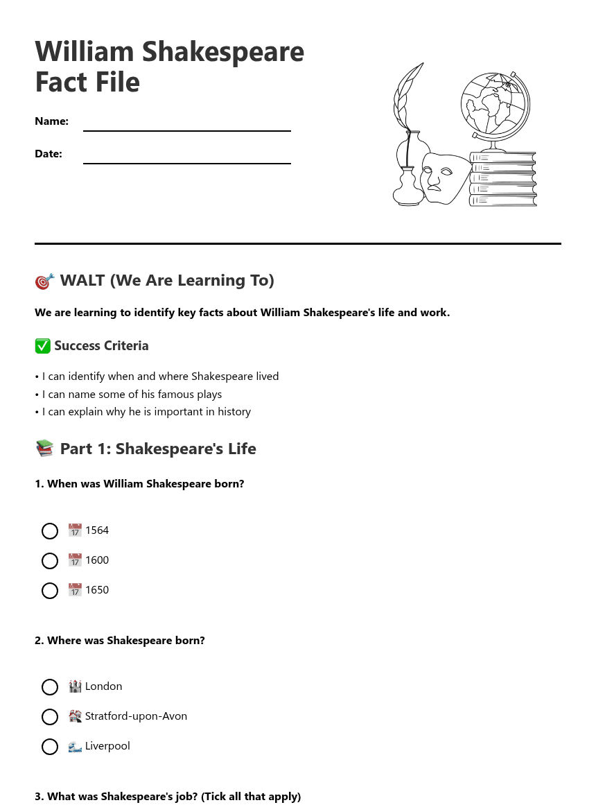 William Shakespeare Fact File worksheet preview