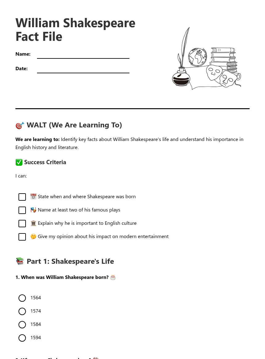 William Shakespeare Fact File worksheet preview
