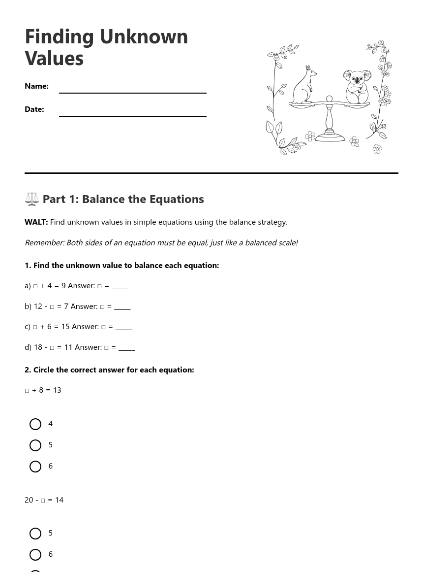 Finding Unknown Values worksheet preview