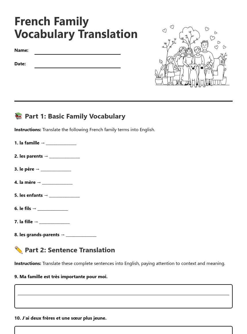 French Family Vocabulary Translation worksheet preview