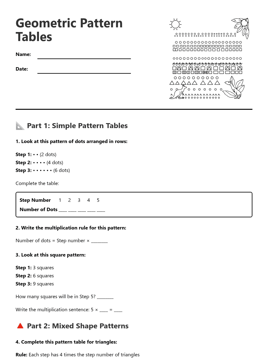 Geometric Pattern Tables worksheet preview