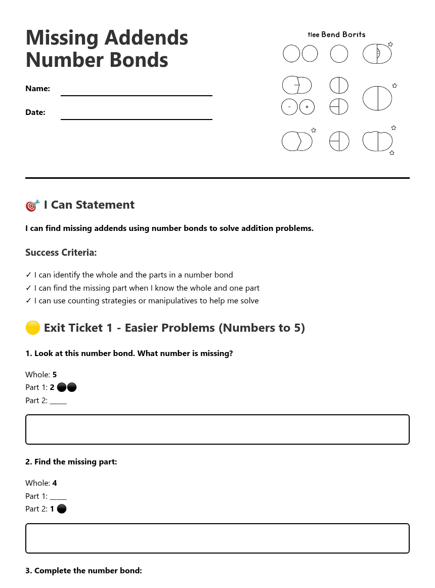 Missing Addends Number Bonds worksheet preview