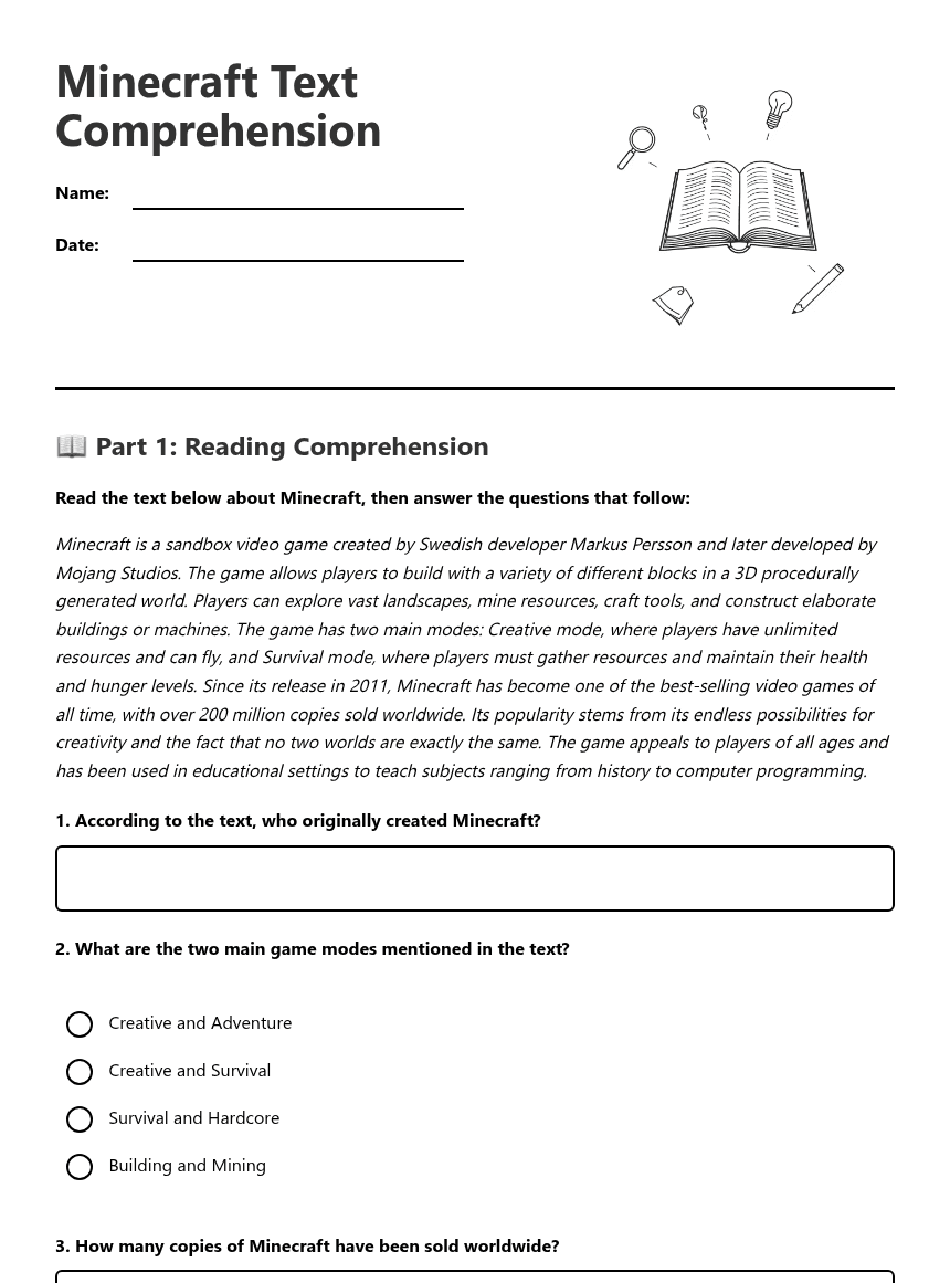 Minecraft Text Comprehension worksheet preview