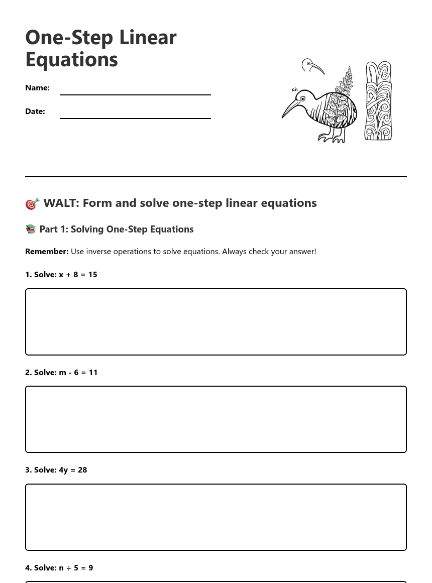 One-Step Linear Equations worksheet preview