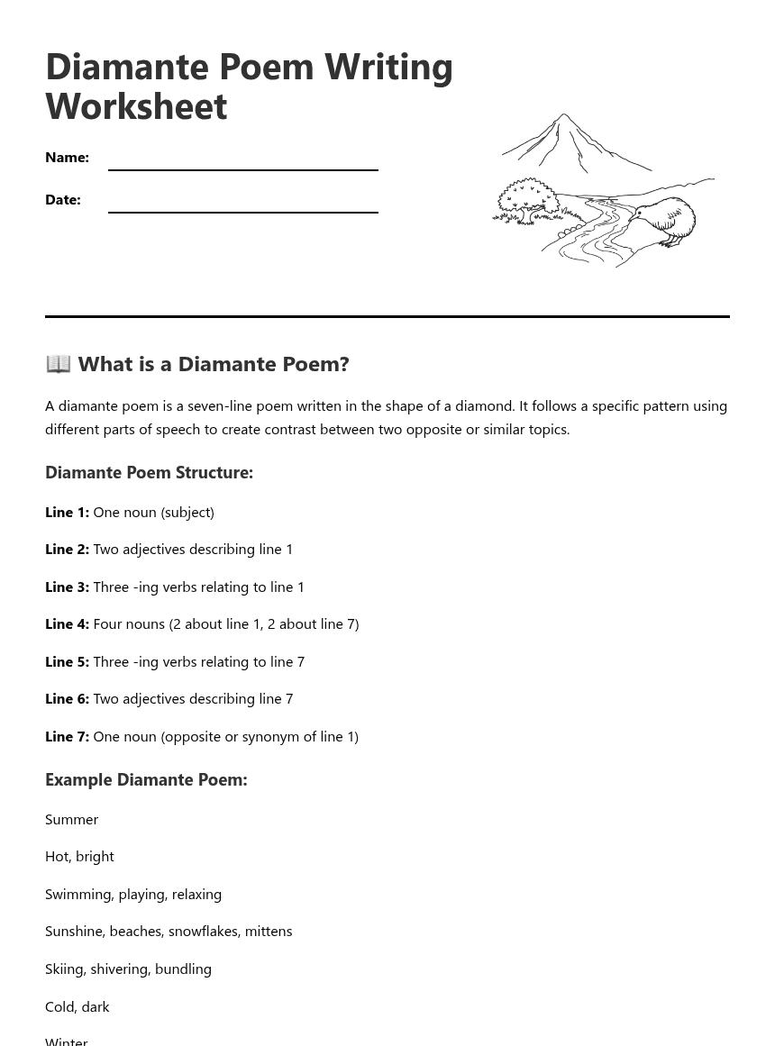 Diamante Poem Writing Worksheet worksheet preview