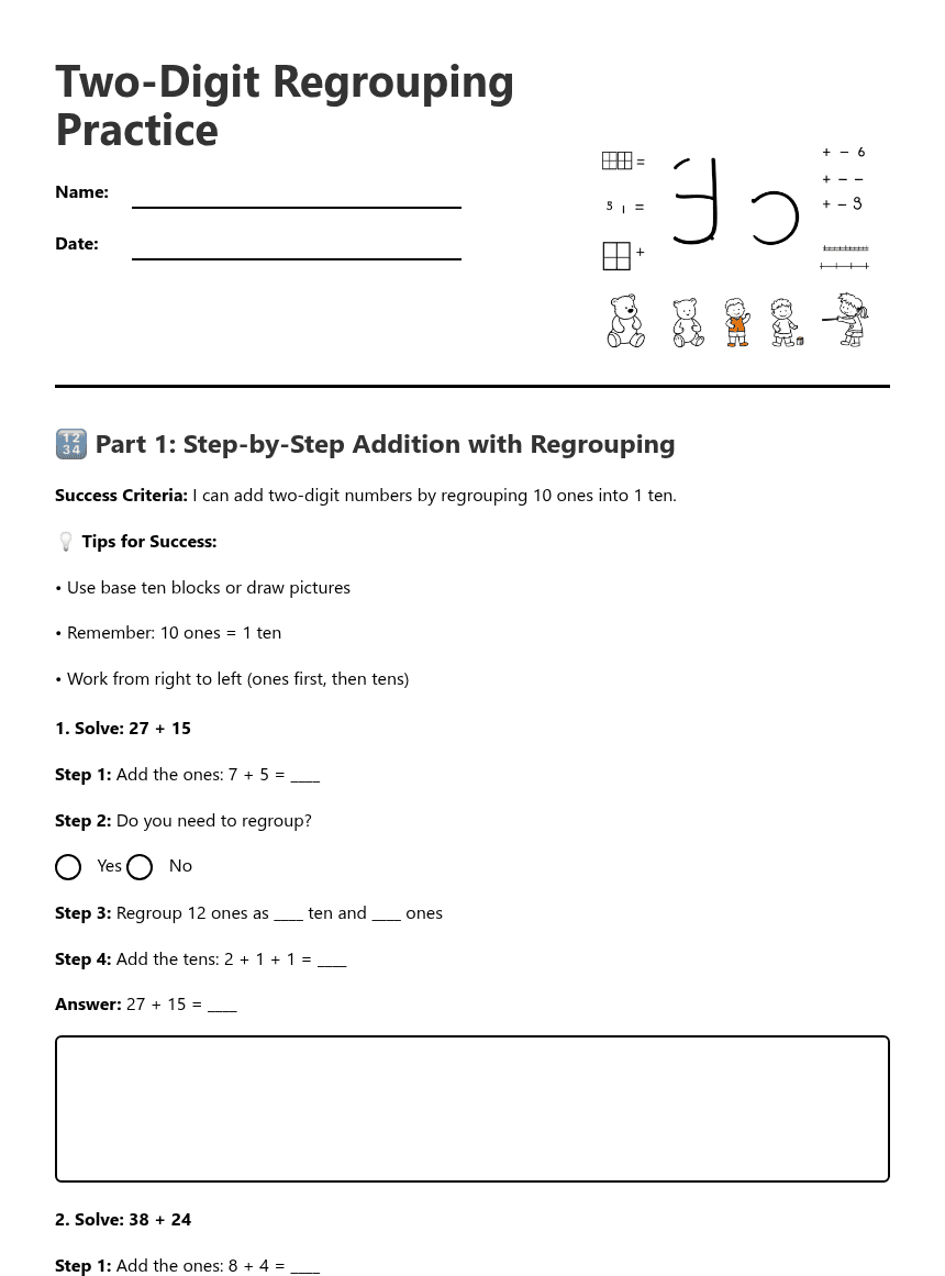 Two-Digit Regrouping Practice worksheet preview