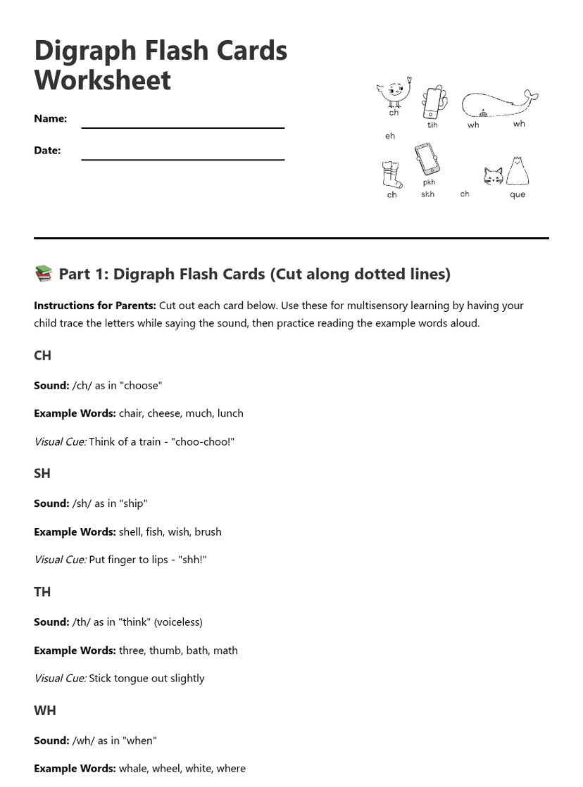 Digraph Flash Cards Worksheet