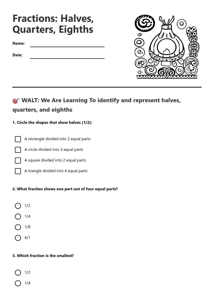 Fractions: Halves, Quarters, Eighths worksheet preview