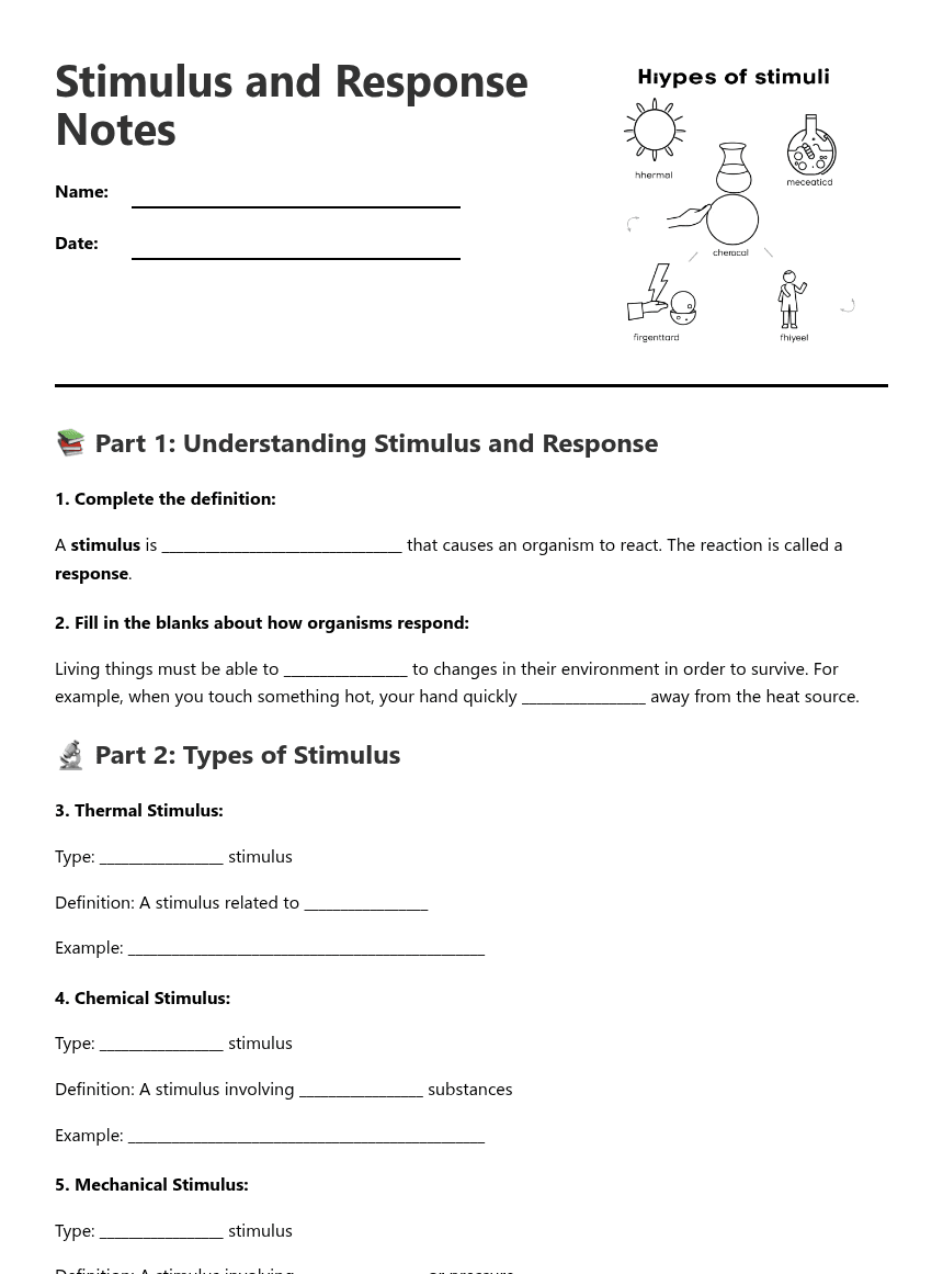 Stimulus and Response Notes worksheet preview