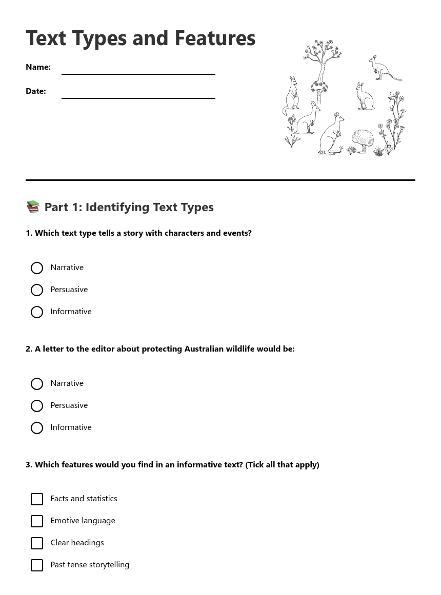 Text Types and Features worksheet preview