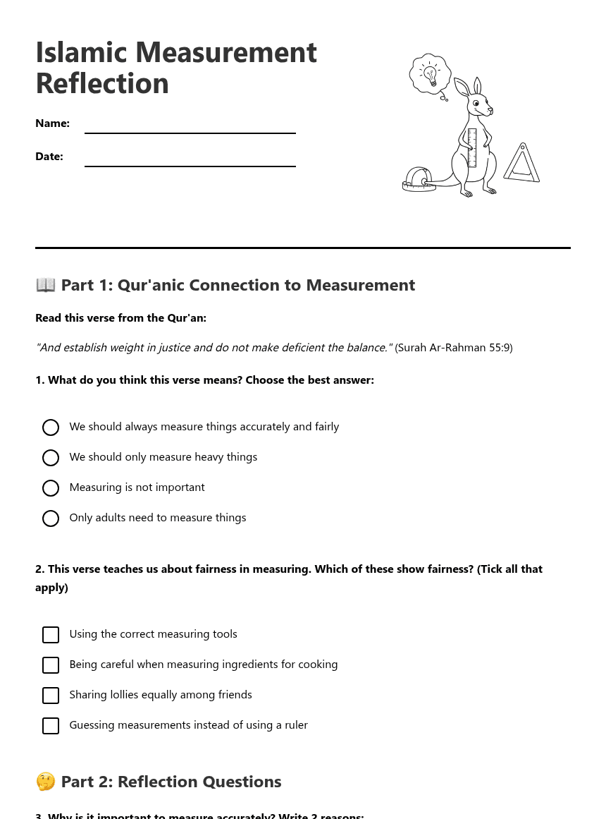 Islamic Measurement Reflection worksheet preview