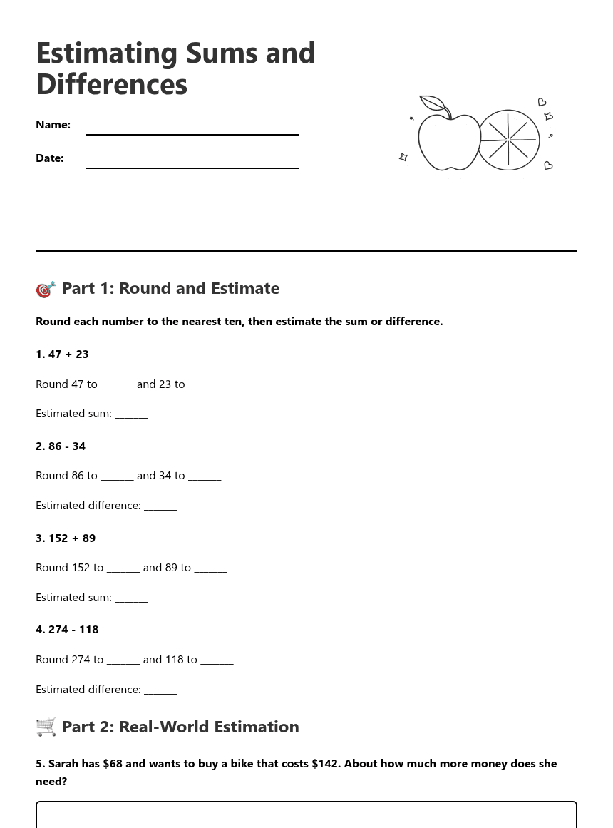Estimating Sums and Differences worksheet preview