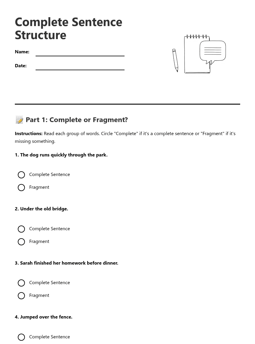 Complete Sentence Structure worksheet preview
