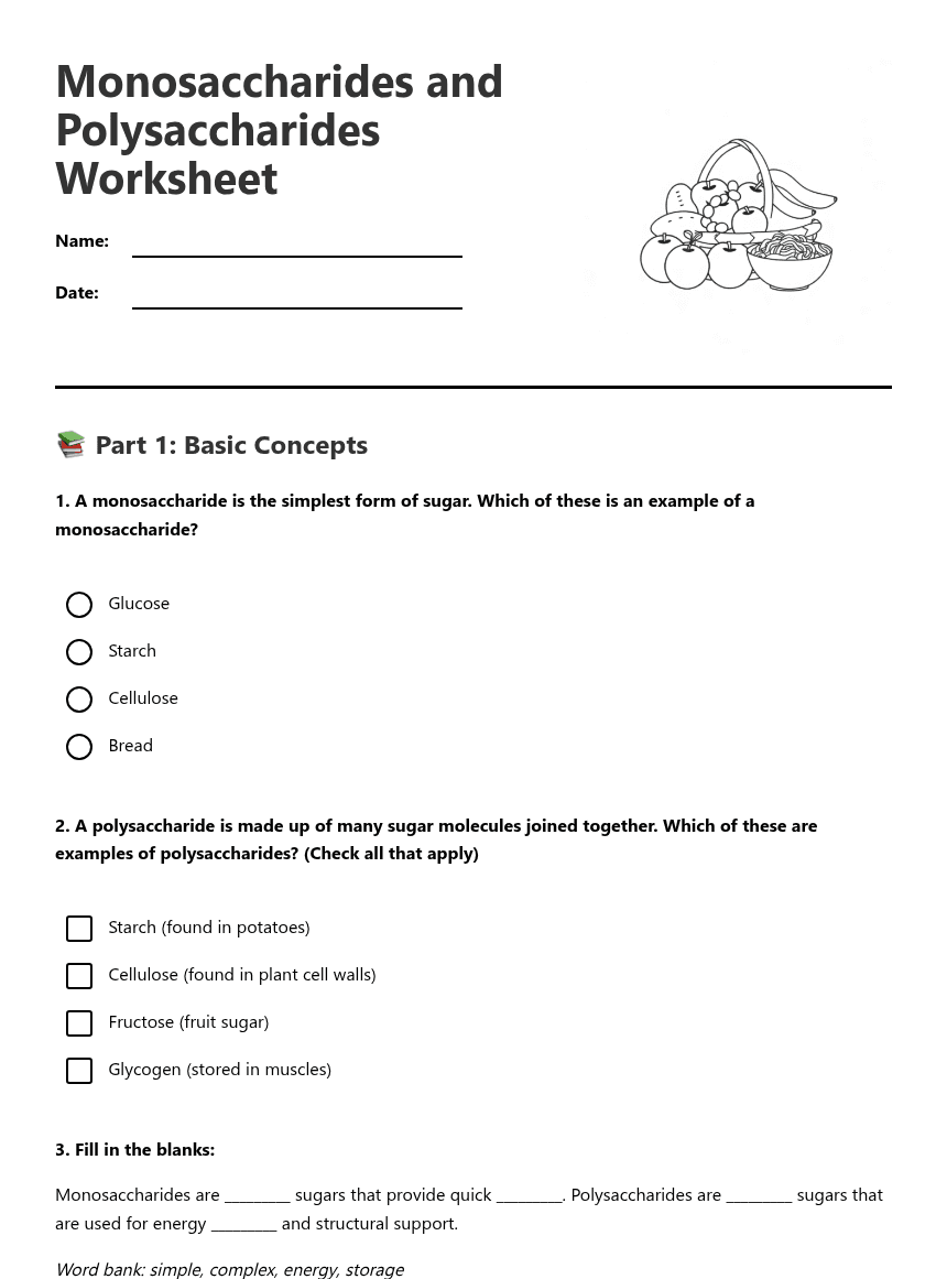 Monosaccharides and Polysaccharides Worksheet worksheet preview