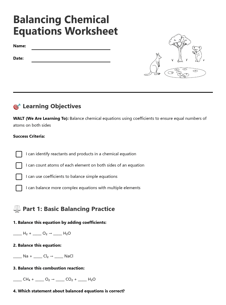 Balancing Chemical Equations Worksheet worksheet preview
