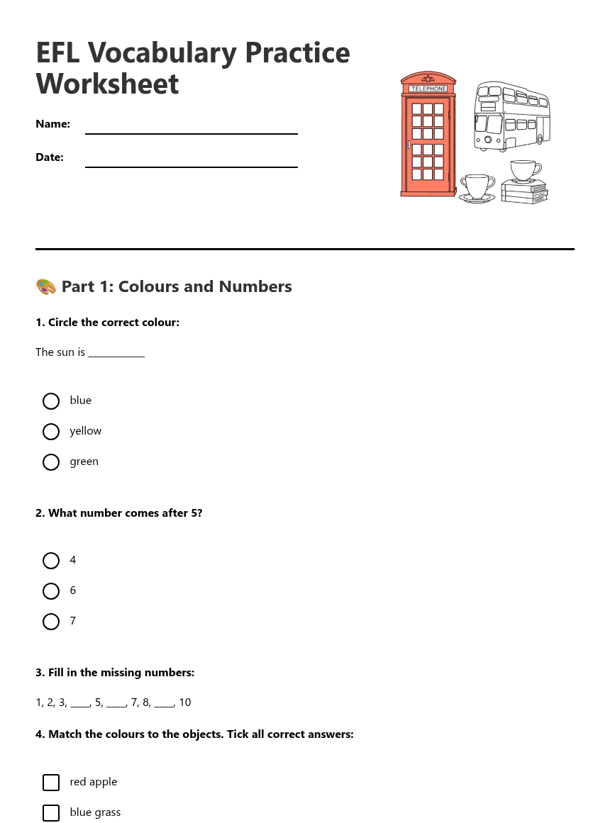 EFL Vocabulary Practice Worksheet worksheet preview