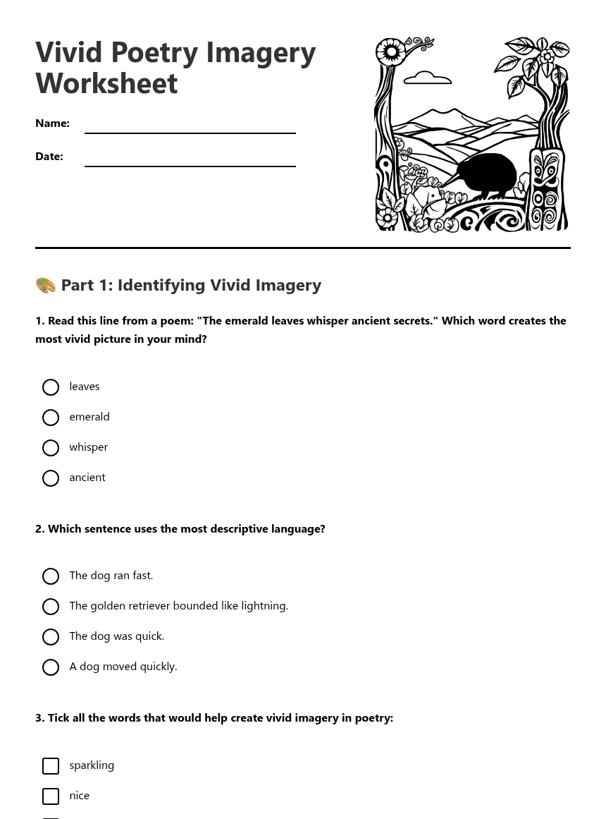 Vivid Poetry Imagery Worksheet worksheet preview