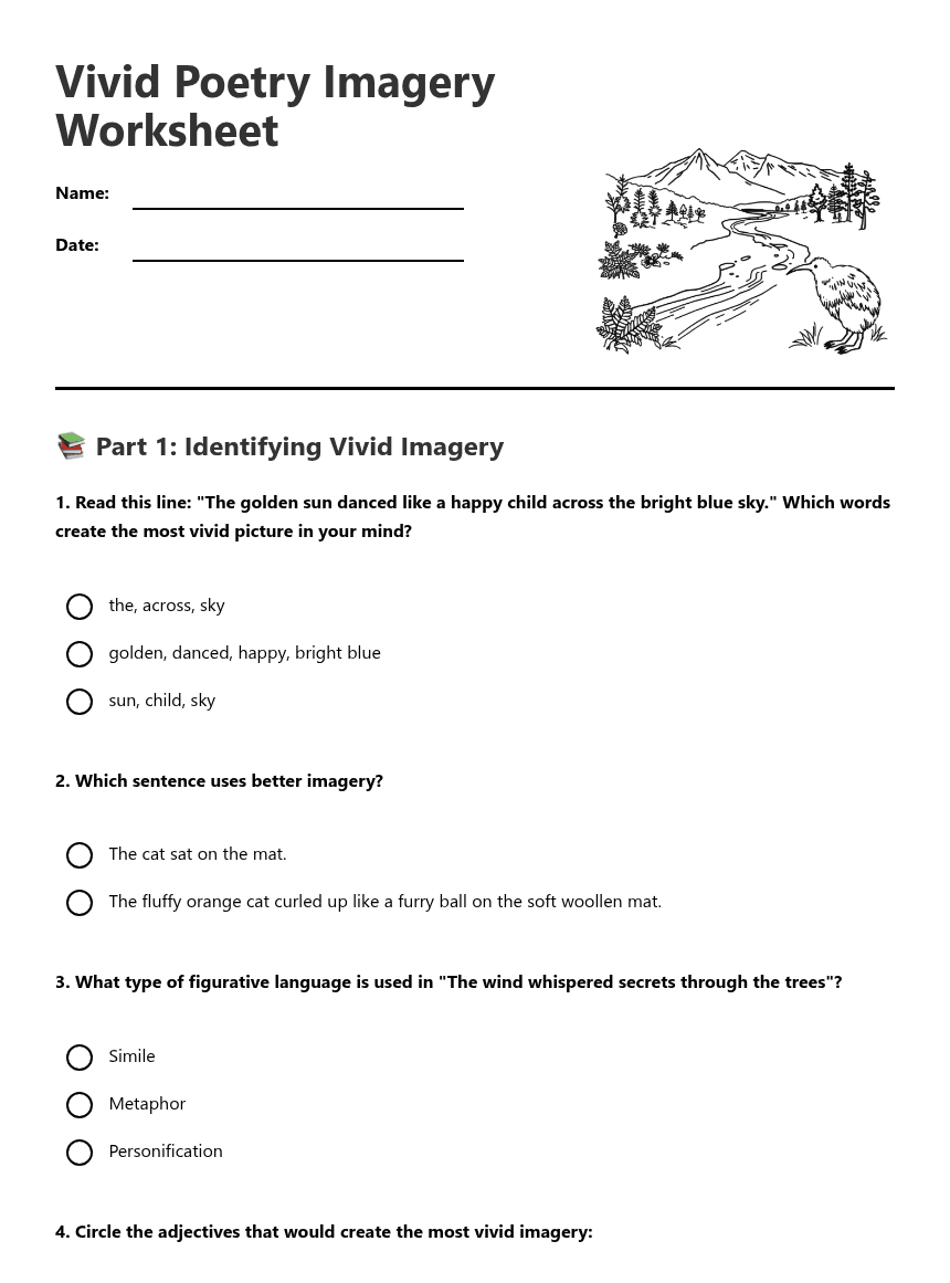 Vivid Poetry Imagery Worksheet worksheet preview