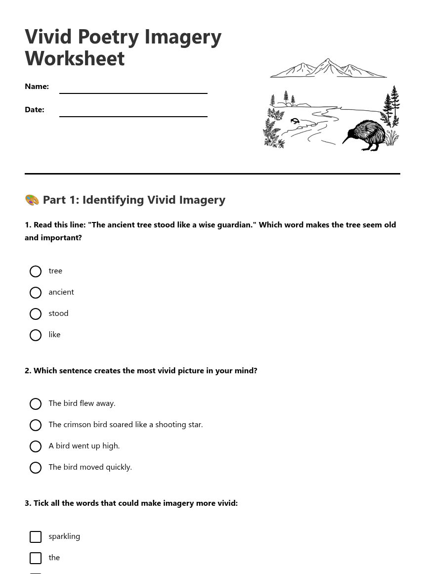 Vivid Poetry Imagery Worksheet worksheet preview