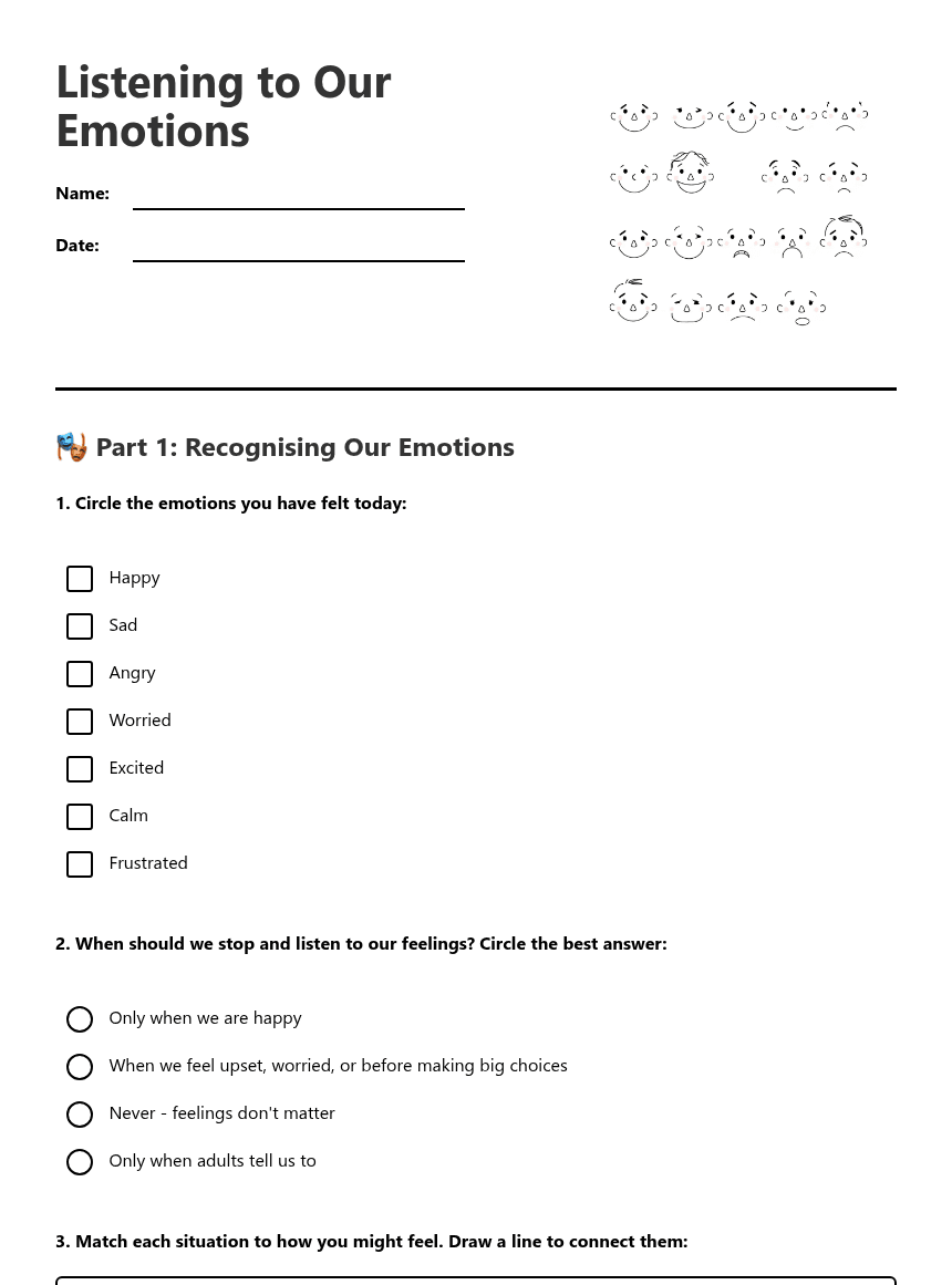 Listening to Our Emotions worksheet preview