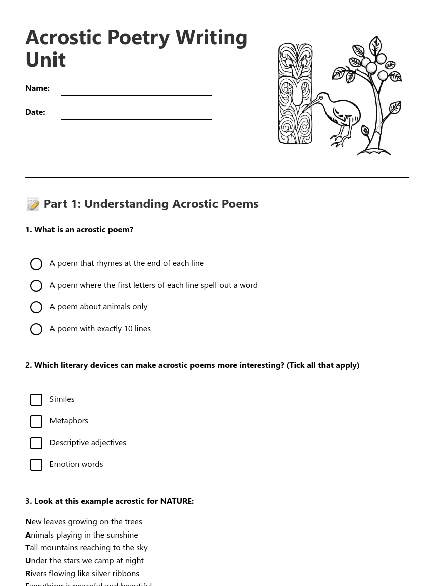 Acrostic Poetry Writing Unit worksheet preview