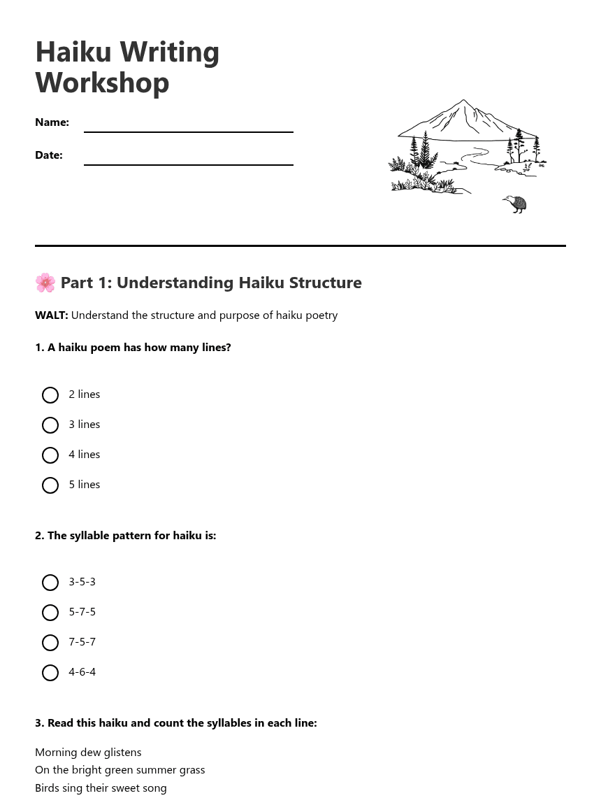 Haiku Writing Workshop worksheet preview