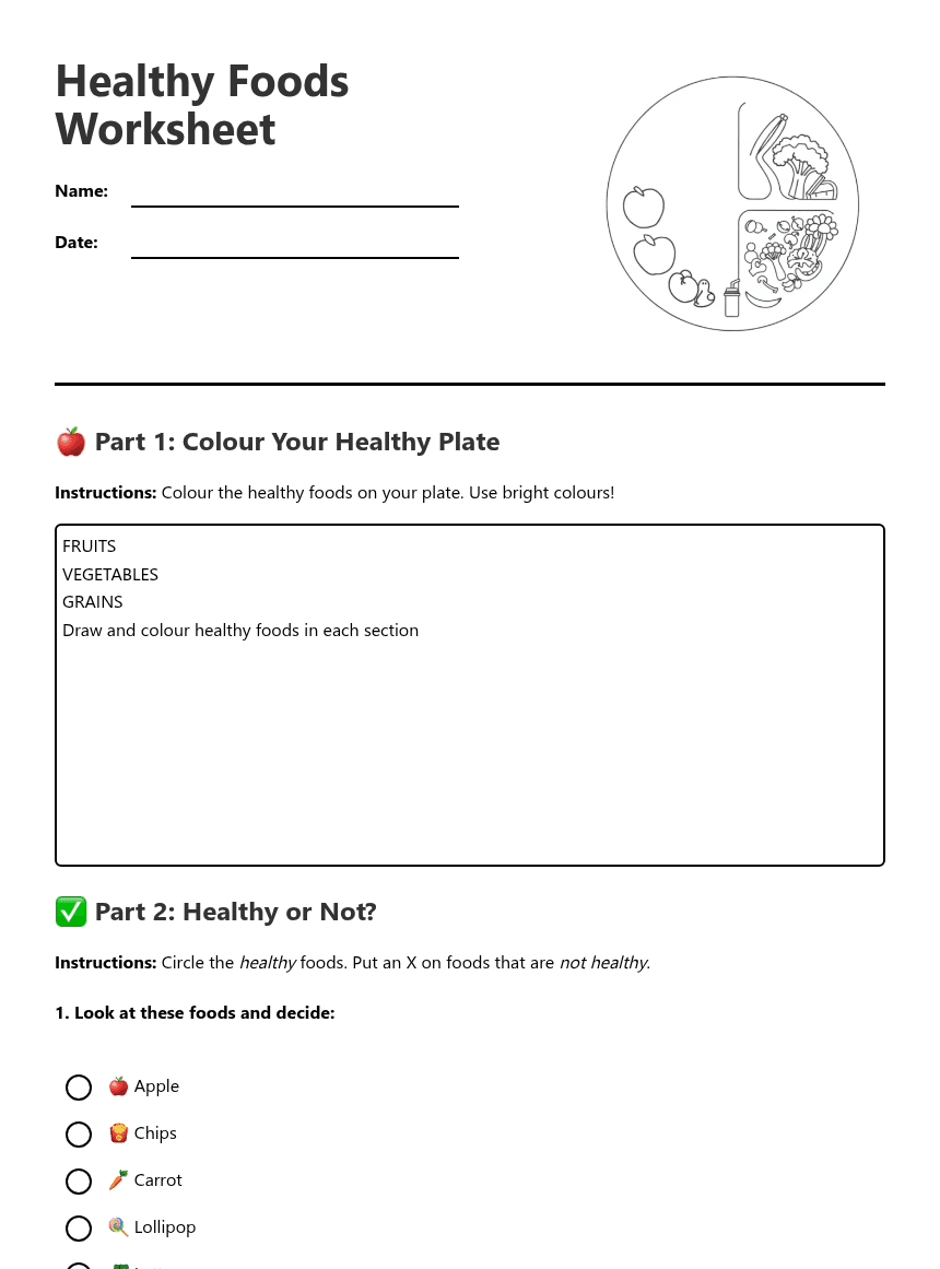 Healthy Foods Worksheet worksheet preview