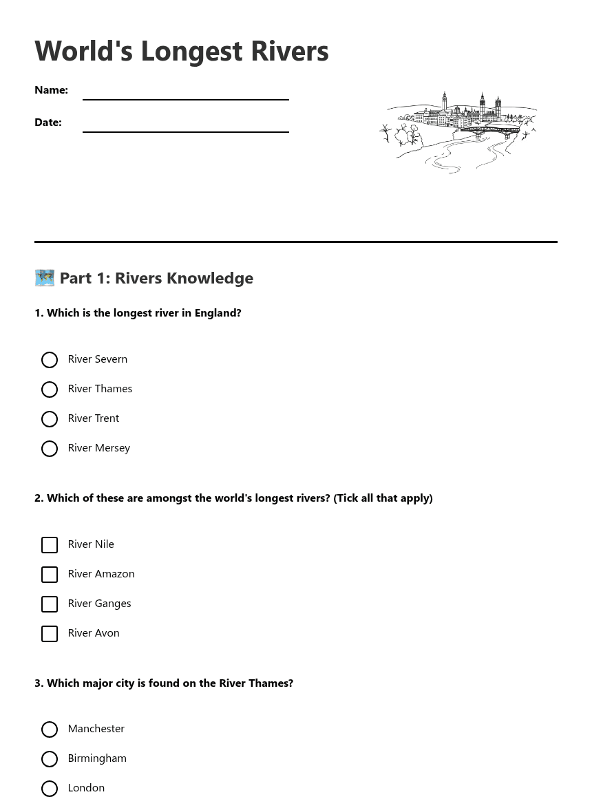 World's Longest Rivers worksheet preview