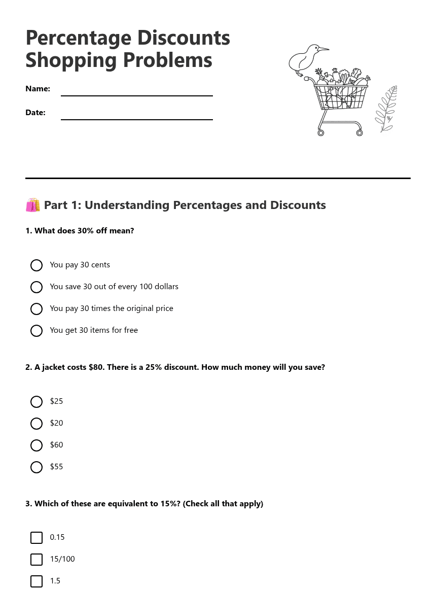 Percentage Discounts Shopping Problems worksheet preview