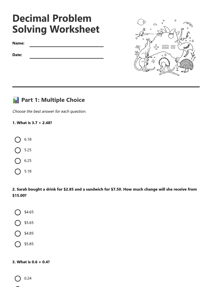 Decimal Problem Solving Worksheet worksheet preview