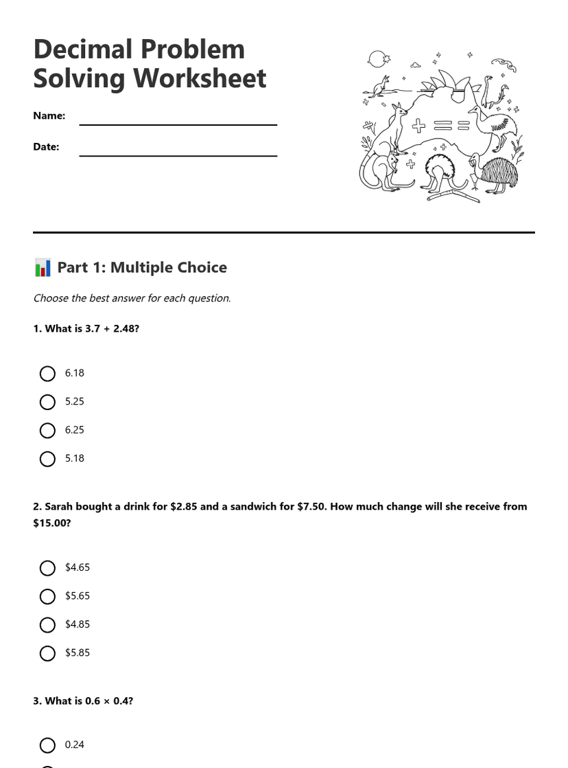 Decimal Problem Solving Worksheet