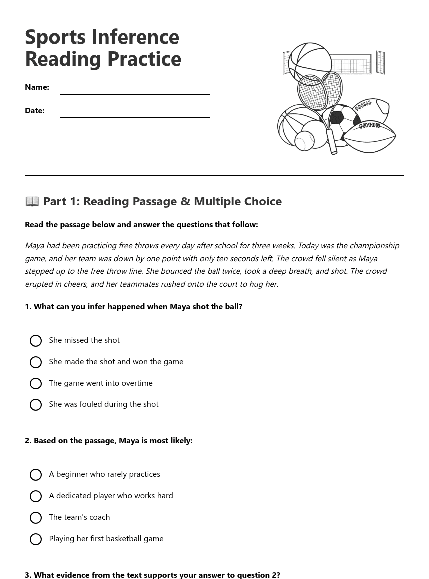 Sports Inference Reading Practice worksheet preview