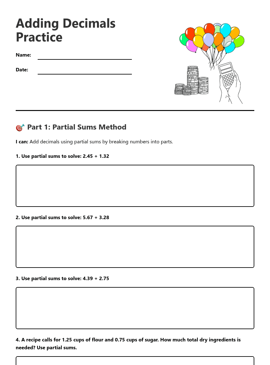 Adding Decimals Practice worksheet preview