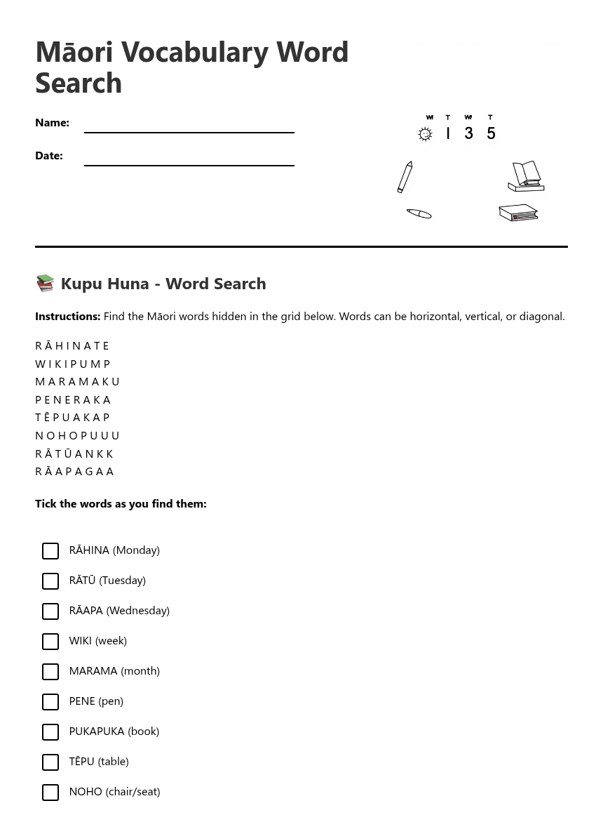 Māori Vocabulary Word Search worksheet preview