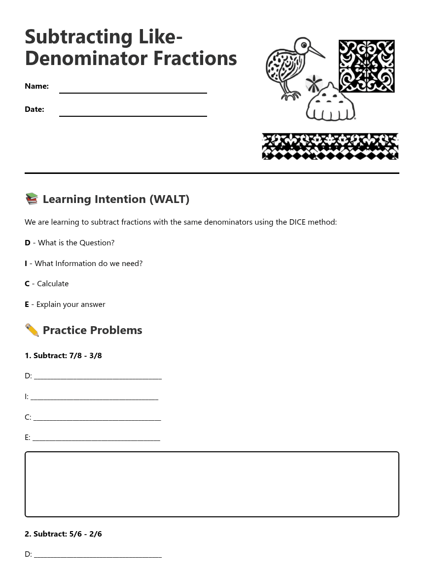 Subtracting Like-Denominator Fractions worksheet preview