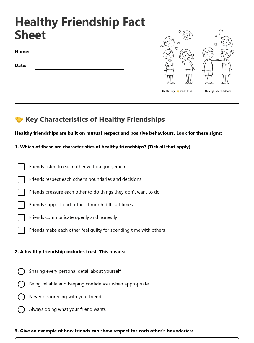 Healthy Friendship Fact Sheet worksheet preview