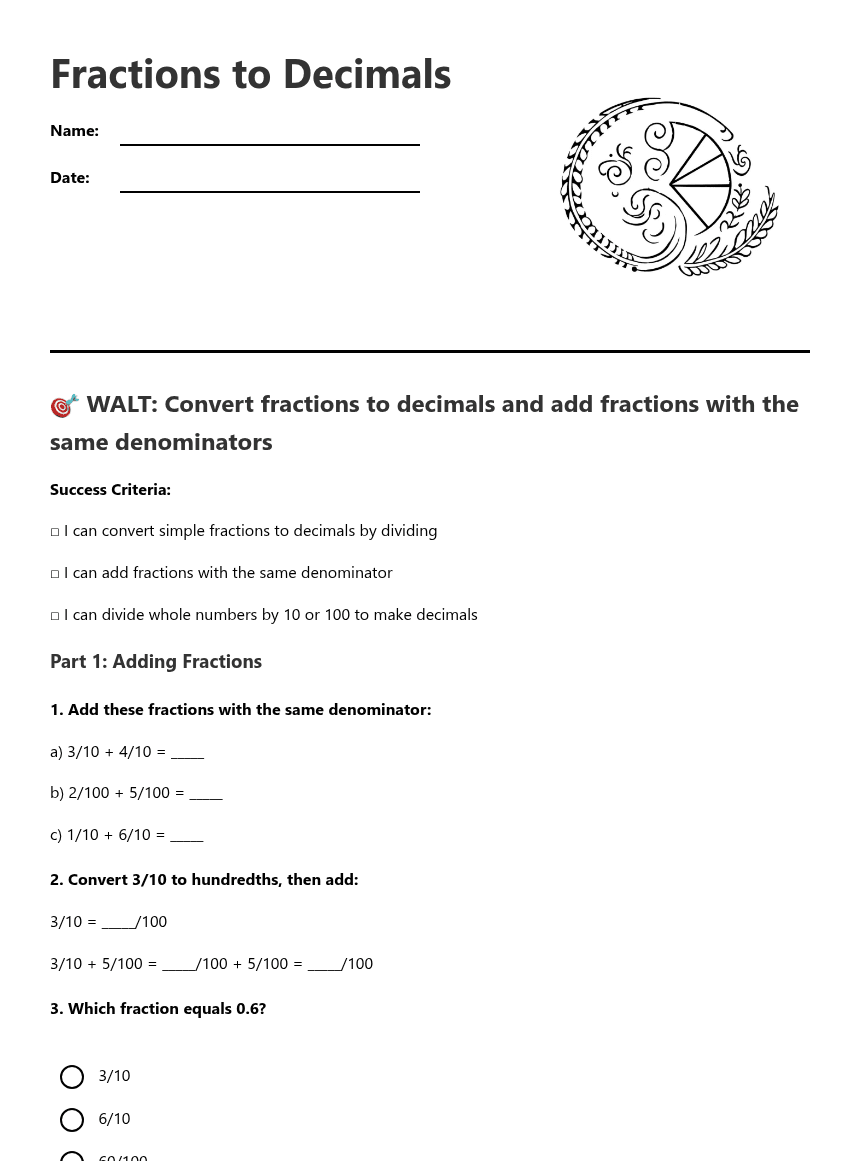 Fractions to Decimals worksheet preview