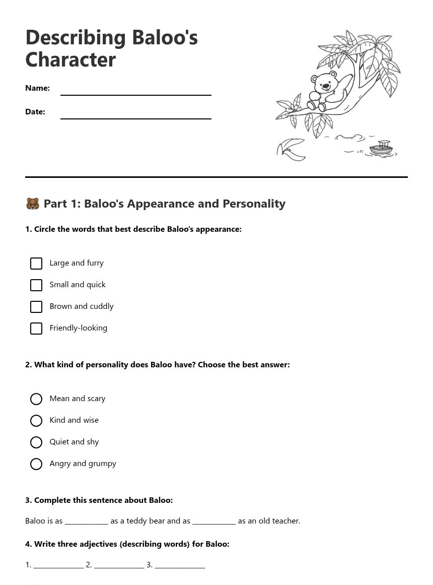 Describing Baloo's Character worksheet preview
