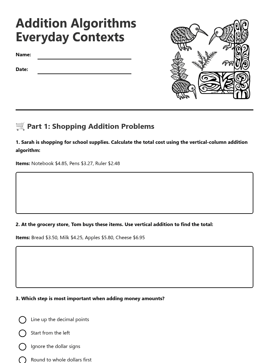 Addition Algorithms Everyday Contexts worksheet preview