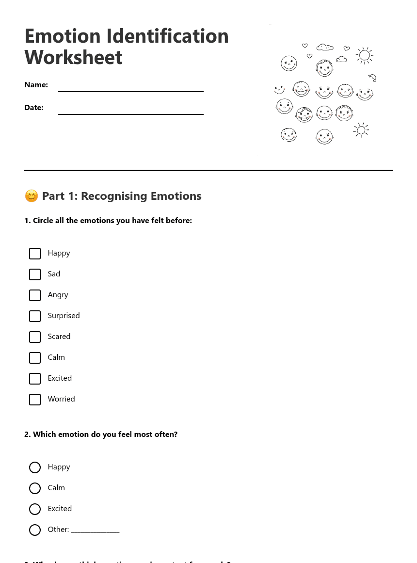 Emotion Identification Worksheet worksheet preview