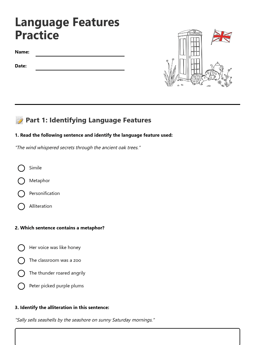 Language Features Practice worksheet preview