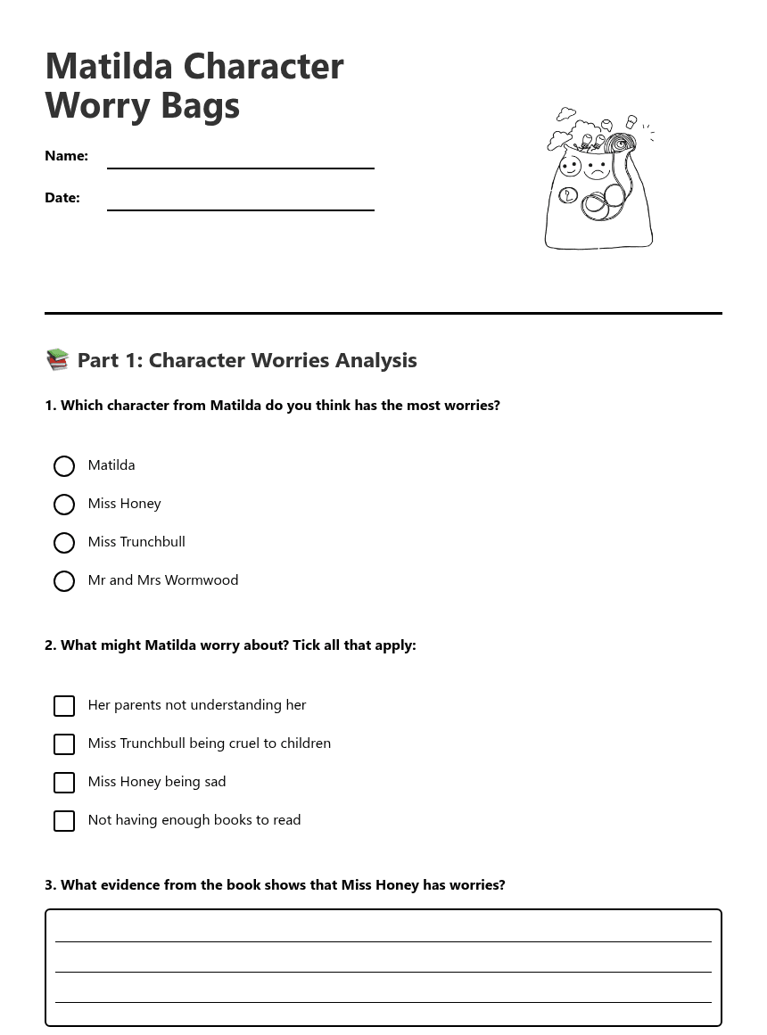 Matilda Character Worry Bags worksheet preview
