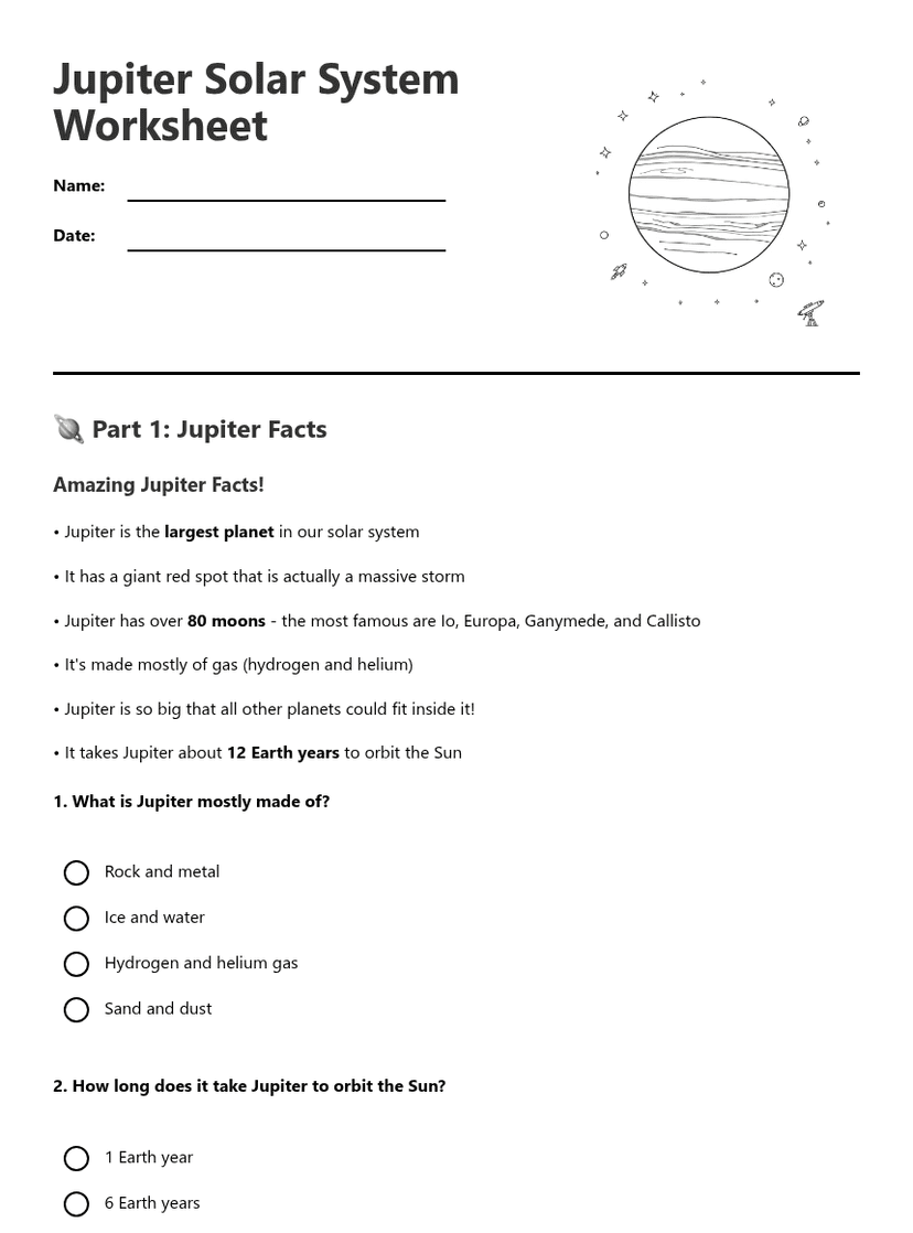 Jupiter Solar System Worksheet