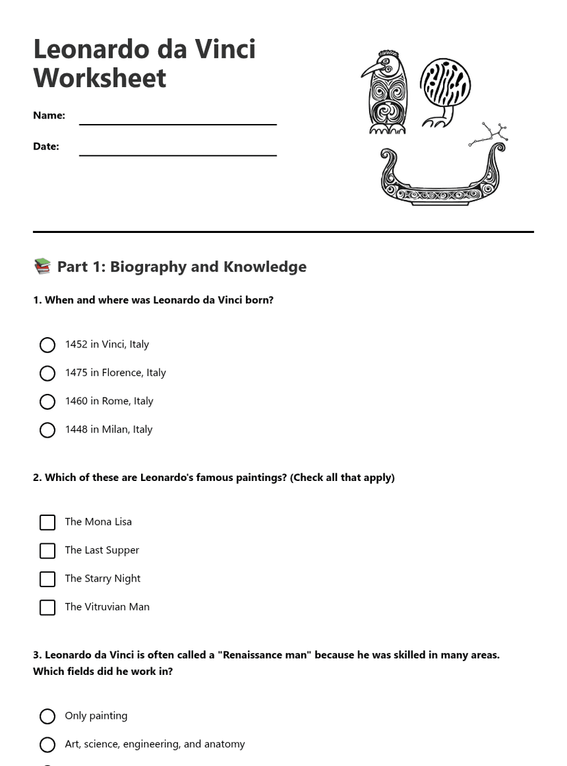 Leonardo da Vinci Worksheet